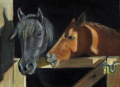 蕈油面两匹马的油面画他们的头靠在门上望着谷仓外的插画