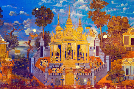 宗教题材的彩绘墙描述柬埔寨金边皇宫背景图片