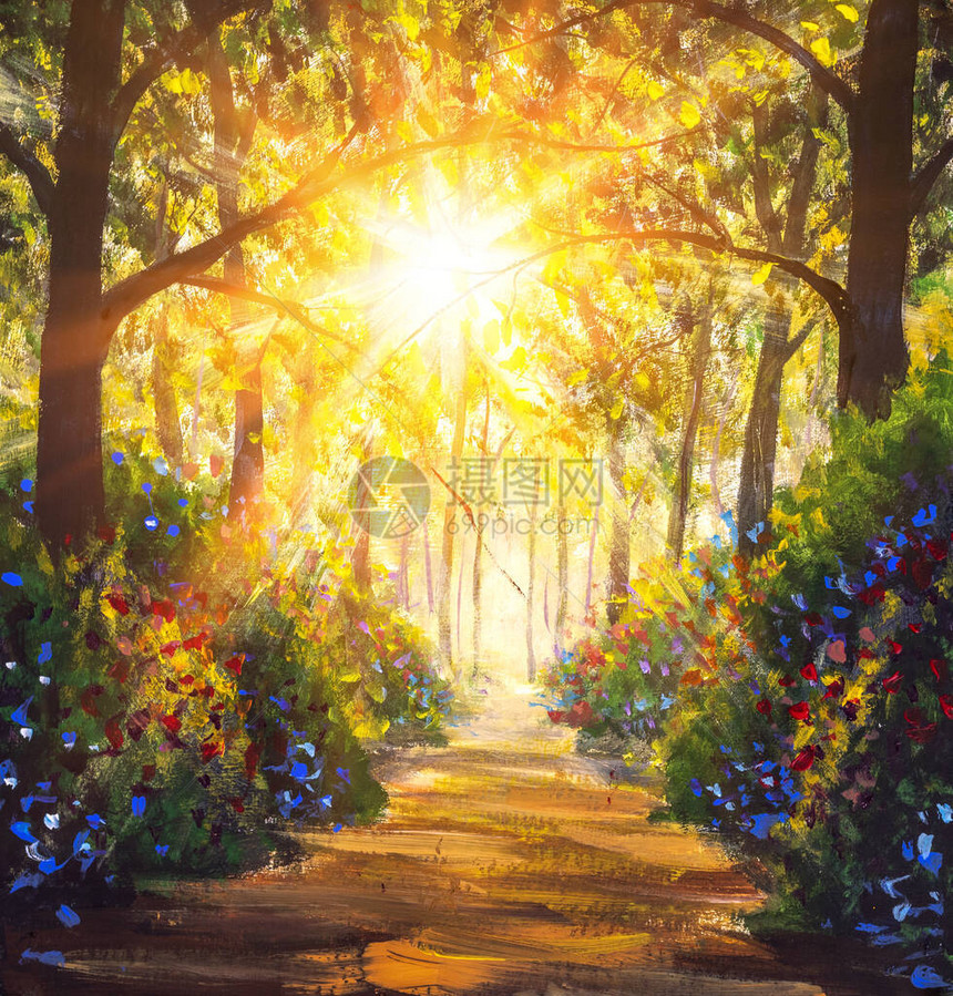 阳光明媚的森林木树原始油画路在太阳夏天花公园胡同印象派美术手绘图片