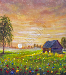 美丽的俄罗斯乡村风景油画在日落时分在花田里的旧木屋背景中的俄罗斯桦树童背景图片