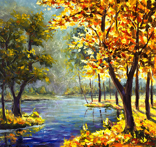 原作油画秋天的金树和岸边的青松树背景图片
