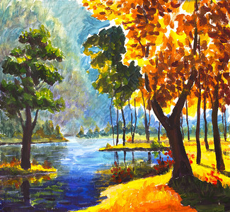 原作油画秋天的金树和岸边的青松树背景图片