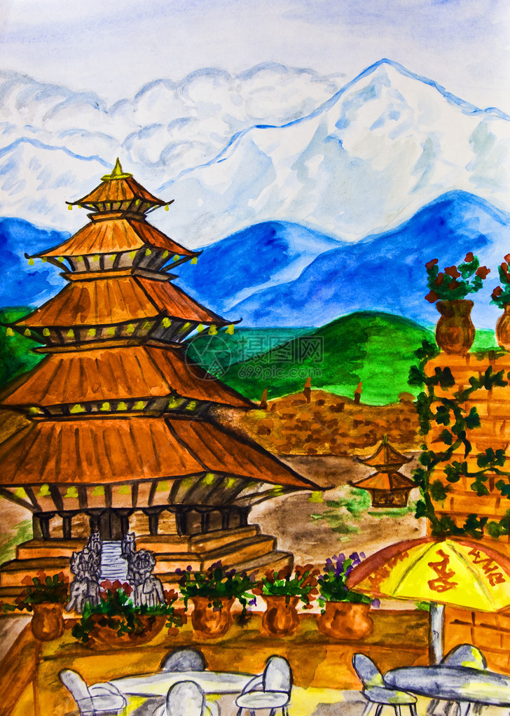 手绘图片水彩画尼泊尔宝塔和山脉图片