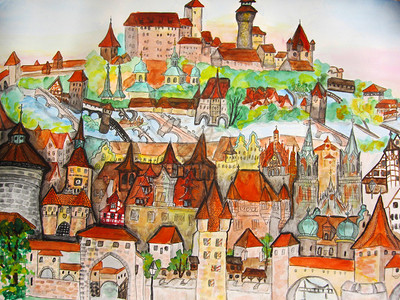 手绘图片水彩画德国纽伦堡小镇图片