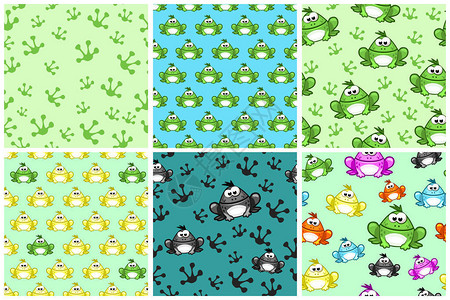 青蛙的卡通无缝图案不同彩色的蛤设置动物图片
