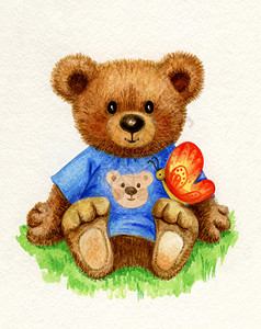 可爱的小熊抱着蝴蝶水彩插图图片