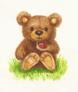 可爱的小熊抱着瓢虫水彩插图图片