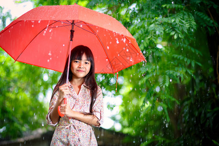 雨中打伞的亚洲小女孩背景图片