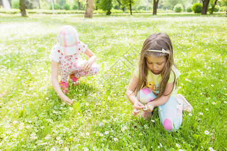 两个可爱的小修女在花草地上玩大自然美丽的春日图片