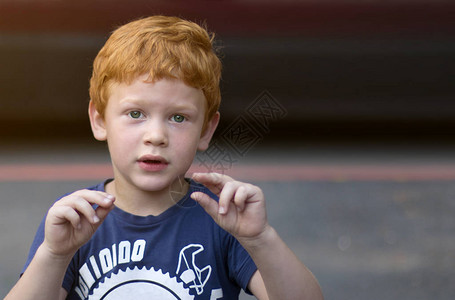 肖像绿眼睛的欧洲男孩姜黄色卷发的孩子用手语交谈男孩说非语言听力损失背景图片