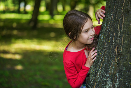 美丽的笑脸女孩躲在树后面在夏天的市公园图片