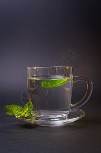 黑色背景下的一杯绿茶和薄荷茶图片