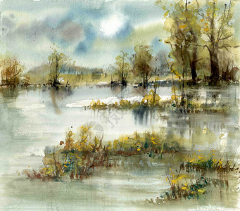 带池塘的风景水彩插图图片