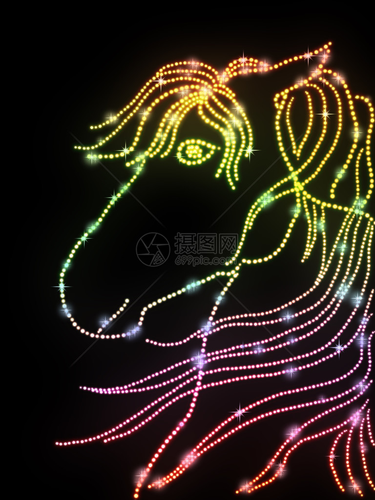 由五颜六色的闪发光的点制成的抽象马头图片
