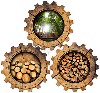 三个木齿轮与绿色森林图片