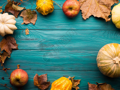 喜怒无常的绿色秋天背景与南瓜苹果黄叶图片