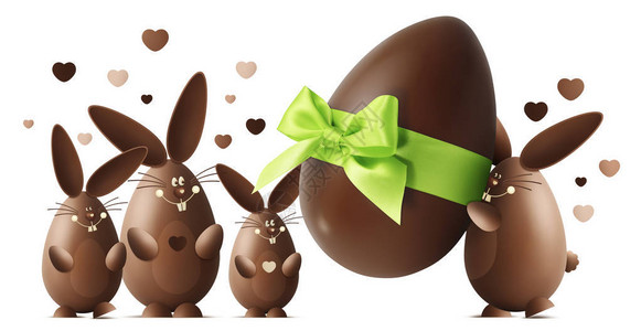 巧克力复活节兔子鸡蛋和绿丝带弓孤图片