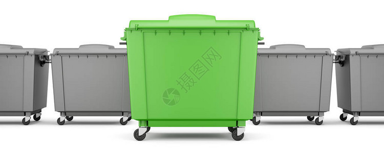 白色背景孤立的灰色集装箱中的绿色垃圾容器图片