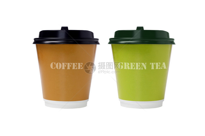 白色背景纸杯咖啡和绿色图片