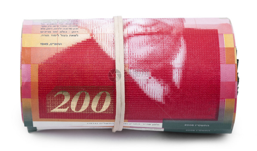一群200张以色列新谢克尔NIS的钞票卷起来图片