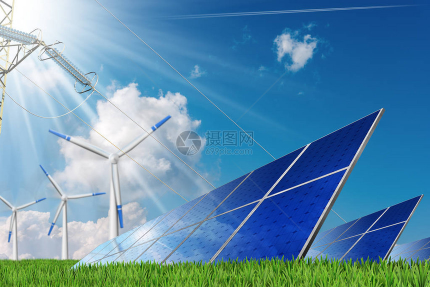 3D说明一组太阳能电池板风力涡轮机和有云和太阳光的蓝色天图片