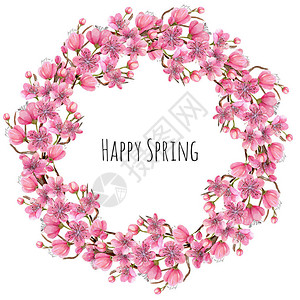 水彩春天盛开的樱花树枝花环背景图片
