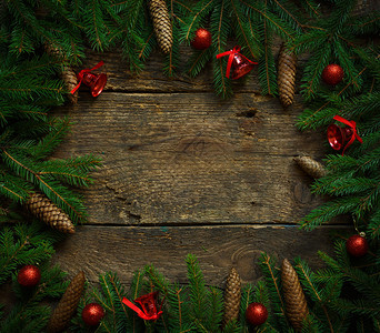 圣诞树枝上有锥体和圣诞装饰品图片