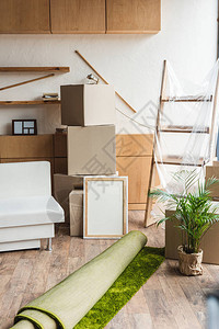 搬迁期间新公寓内的纸板箱滚地毯绿色房屋种植和家具及新图片