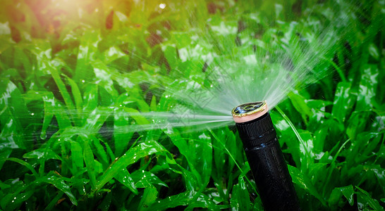 自动草坪洒水器浇灌绿草带自动系统的洒水器花园灌溉系统浇灌草坪可调节喷头的自动喷水灭火系背景图片