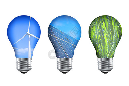 可再生能源灯泡太阳能电池板风力涡轮机和麦田图片