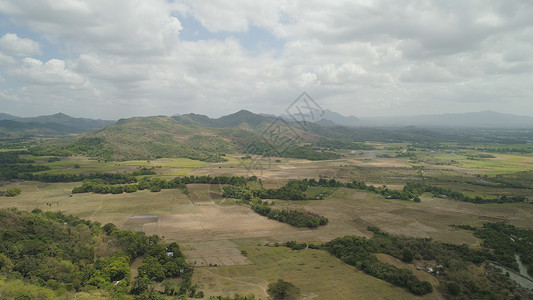 山谷中水稻梯田和农田的鸟瞰图山区农产品种植山上覆盖着森林图片