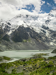 寒冷气候的山脉湖泊和草地景观图片