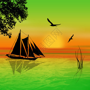 帆船对日落的美丽风景图片
