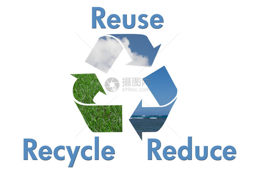 水天空和草的回收符号和文本重复使用减少和回收图片