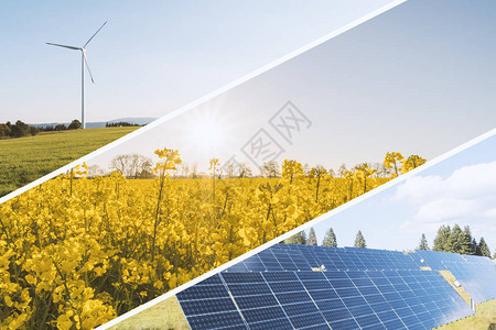 可再生能源与油菜籽风车和太阳能电池板等生态友好型电图片