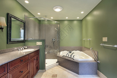 郊区住宅的主浴室绿墙背景图片