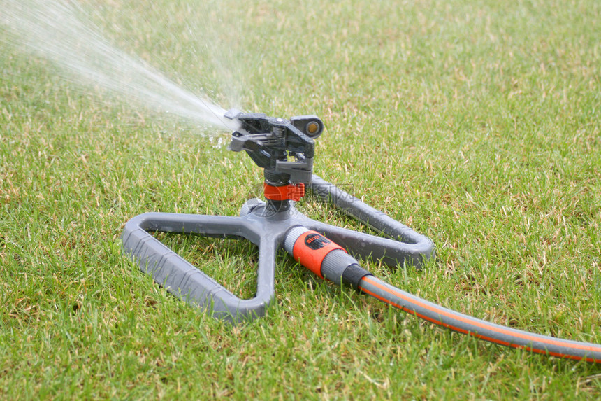 夏季草坪洒水器在绿草上喷水图片