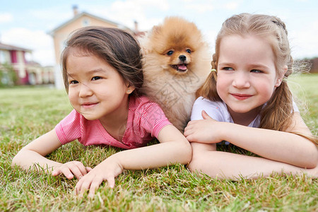 两个可爱小女孩的肖像躺在绿草野外和在院子前院的毛绒图片
