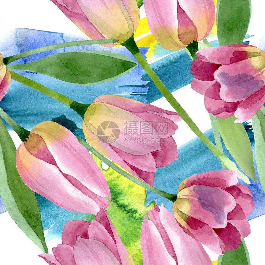 粉红色的郁金香花卉植物花野生春叶野花水彩插图集水彩画时尚水彩画无缝背景图案织物图片