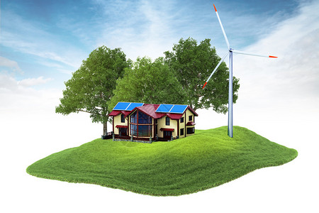 3d说明一座岛屿房屋和风力发电图片