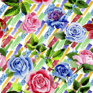 水彩风格的玫瑰图案的叶子背景纹理包装图案框架或边高清图片