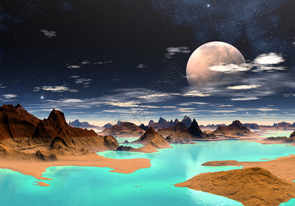 以山脉绿色湖泊和月亮为背景的奇幻景观图片
