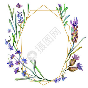 熏衣草柠檬茶紫色熏衣草花水彩背景插图框架边框装饰品金晶体石的多面设计图片