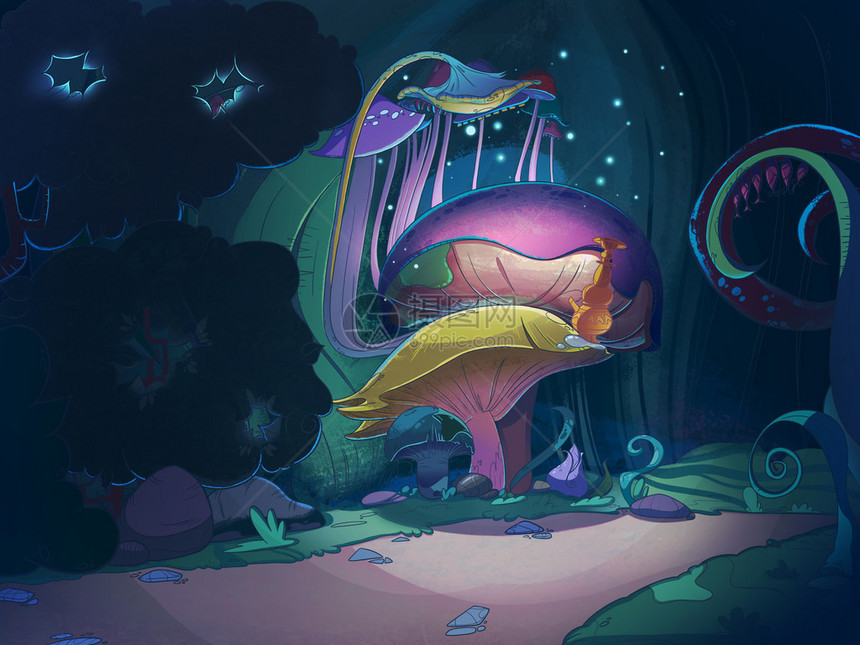 晚上在森林里有多姿彩的神奇蘑菇童话故事卡图片