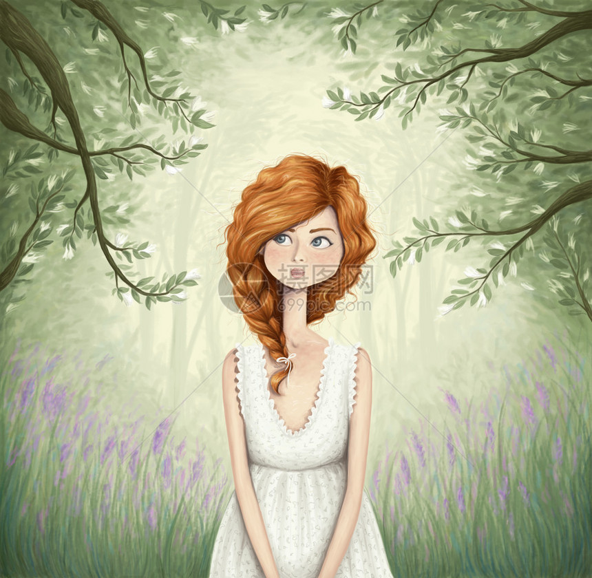 一个可爱的姜黄头发女孩在美丽的森林中行走的数图片