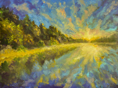 油画风景湖水河海的日落黎明的光芒反射在水中绿色森林海景调色刀印象派艺图片