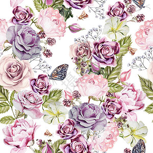 水彩图案与花玫瑰牡丹矮牵牛黑莓和蓝莓插图图片