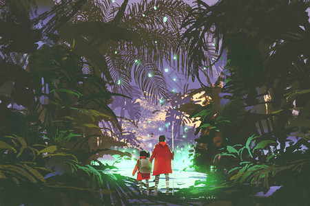 男人和小女孩在梦幻森林数字艺术风格插图绘画中看着图片