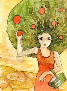 妇女的水彩画树图片