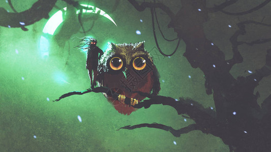 巨型猫头鹰及其主人站在夜林的树枝上绿色天空数字艺术风图片